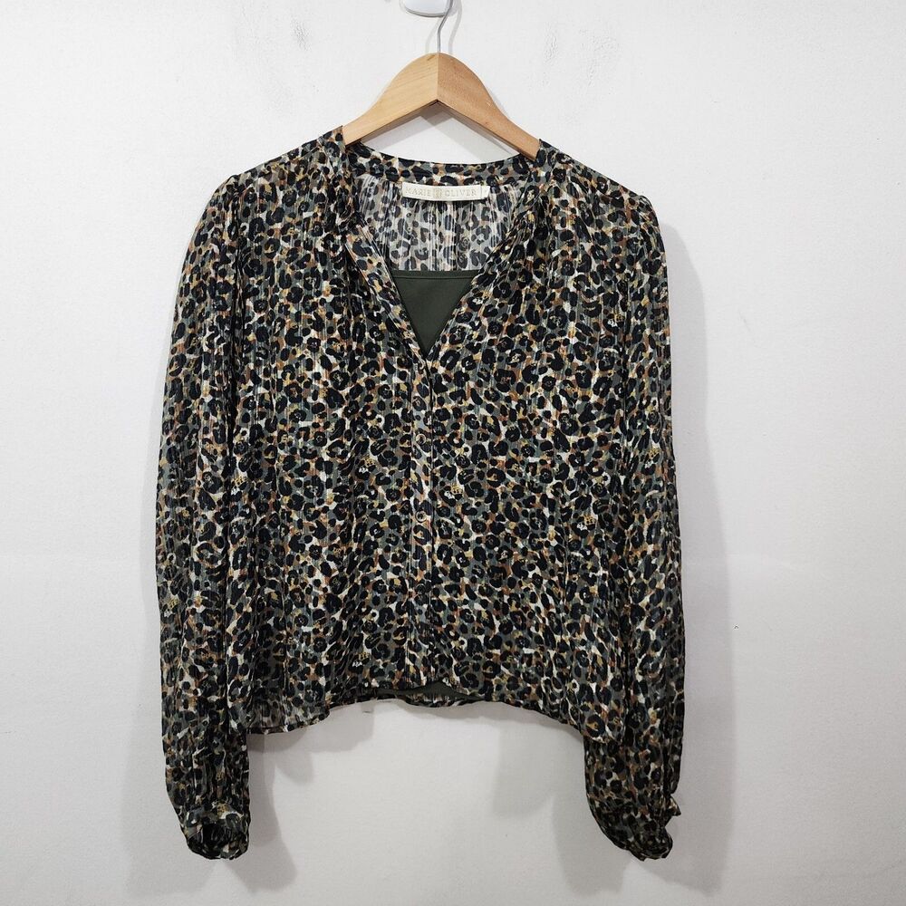 Marie Oliver Haley Blouse Green Animal Print Balloon Long Sleeves Sheer Silk S